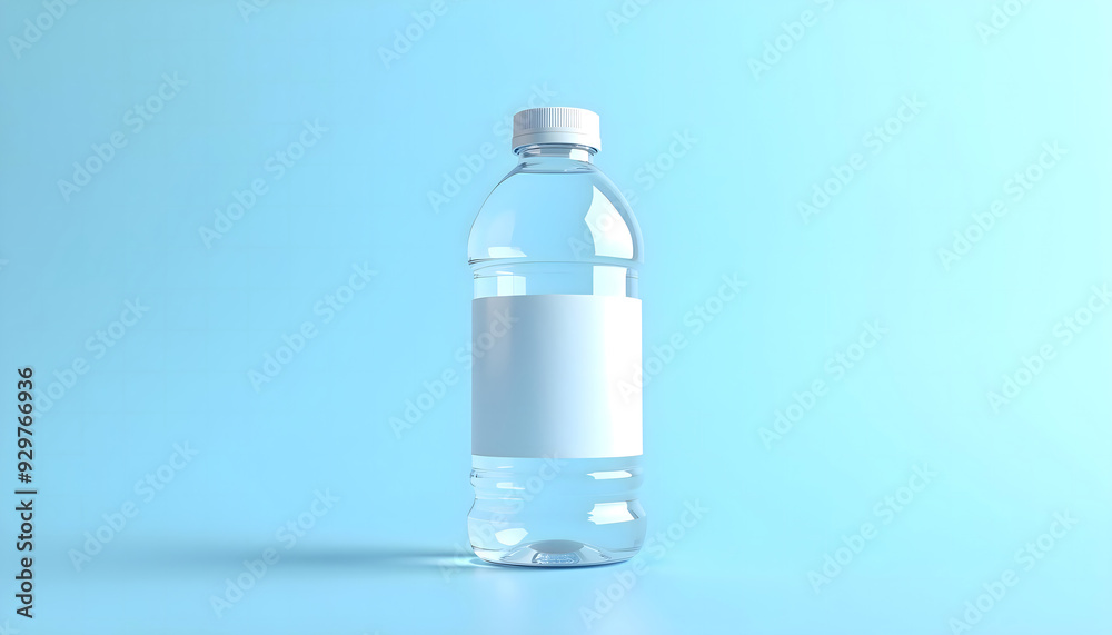 Clear Water Bottle with Blank Label on Light Blue Background Clear Water Bottle with Blank Label on Light Blue Background