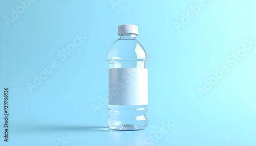 Clear Water Bottle with Blank Label on Light Blue Background