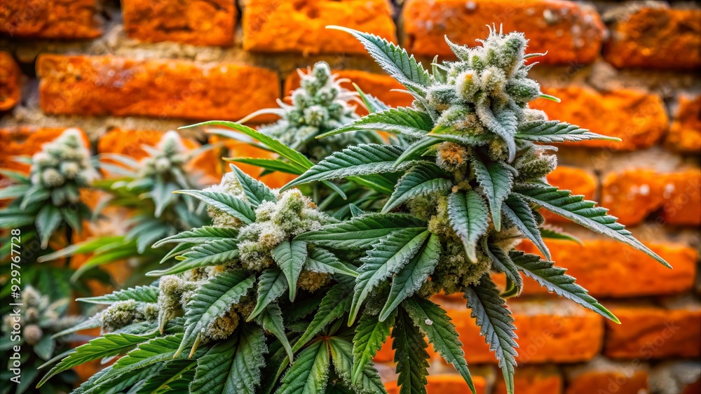 Obraz premium Vibrant green buds of Critical Hog marijuana variety contrast against a worn, textured orange brick wall, showcasing the plant's dense, frosty flowers and emerald leaves.