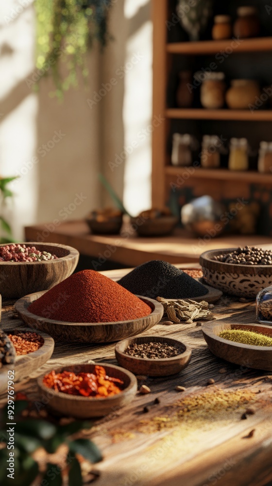 Warm, sunlit, rustic kitchen with various spices in wooden bowls on a wooden table, creating an inviting and aromatic atmosphere. Warm, sunlit, rustic kitchen with various spices in wooden bowls on a wooden table, creating an inviting and aromatic atmosphere.