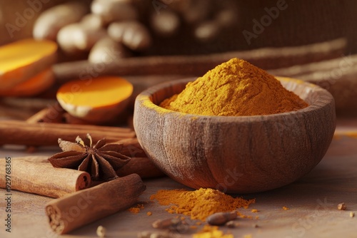 Wooden bowl filled with vibrant turmeric powder surrounded by cinnamon sticks and star anise on a rustic background. photo