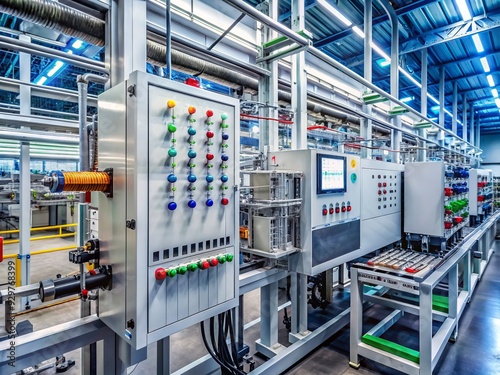 Industrial automation system featuring a programmable logic controller with intricate wiring, control panels, and sleek modern machinery in a futuristic factory backdrop.