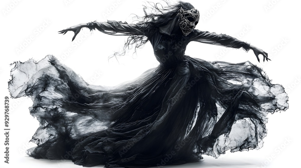 Fototapeta premium Spooky dancer in a tattered gown, ornate Halloween mask, shadowy figure in motion, isolated on white background