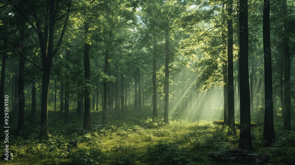 Fototapeta premium Sunbeams Filtering Through Dense Forest Canopy