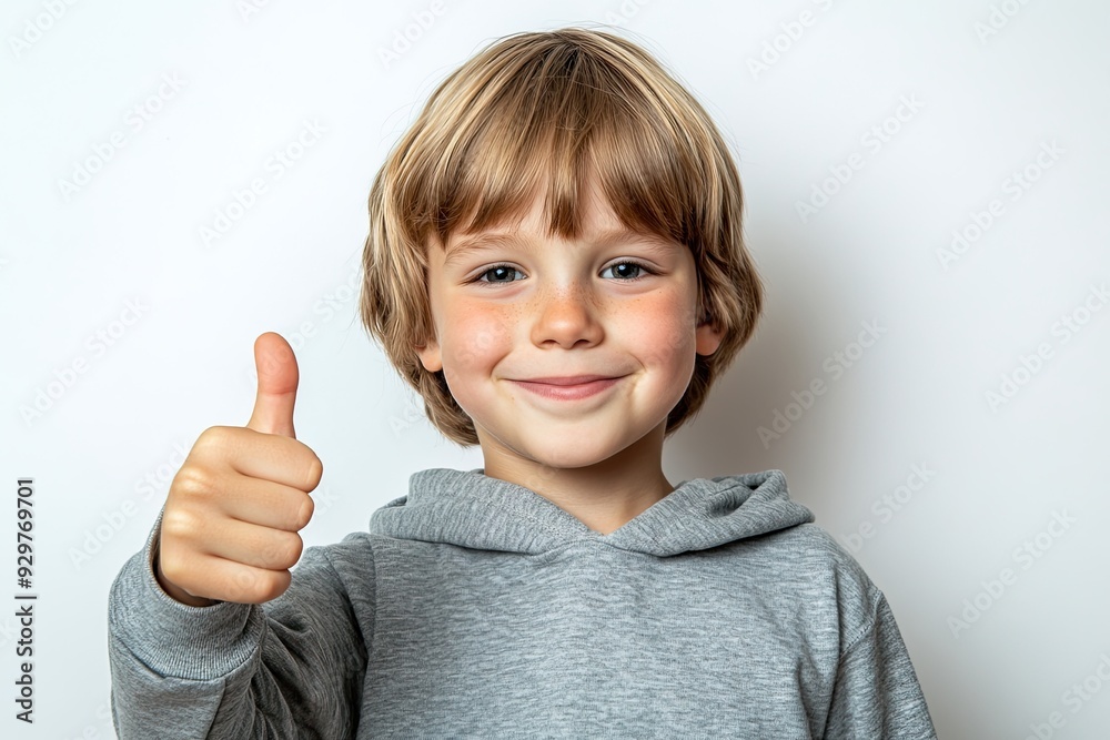 Smiling boy giving thumbs up in gray hoodie against light background Smiling boy giving thumbs up in gray hoodie against light background