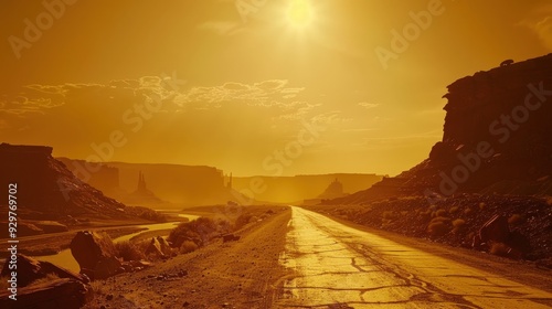 Depict an isolated road meandering through a dense, silent desert with scattered rock formations and a bright sun overhead. photo