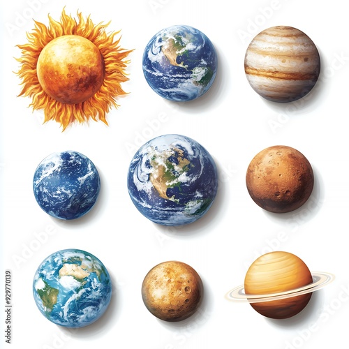 Illustration of the solar system with the sun and various planets.