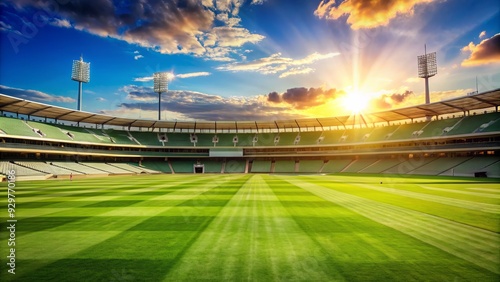 A serene and empty cricket stadium with lush green grass and vibrant cricket pitch standing prominently against a blurred and sunny background. photo