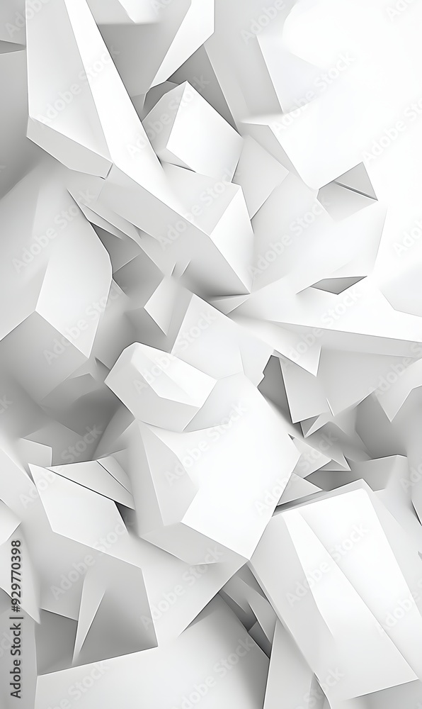 62. Complex 3D geometric composition with overlapping shapes and subtle highlights, set against a pristine background