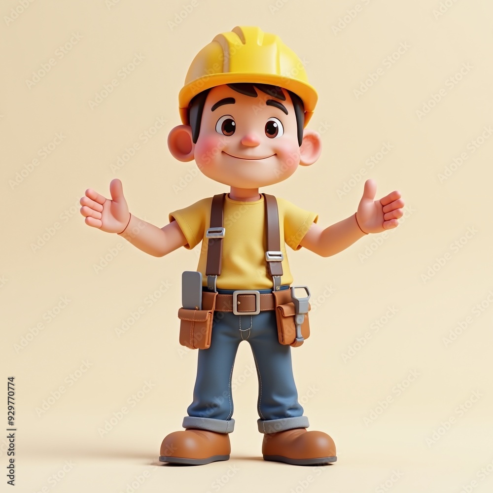 3D worker character with yellow hard hat, joyful expression, cartoon style, versatile for Labor Day concepts, construction themes, kids' education, marketing. 3D worker character with yellow hard hat, joyful expression, cartoon style, versatile for Labor Day concepts, construction themes, kids' education, marketing.