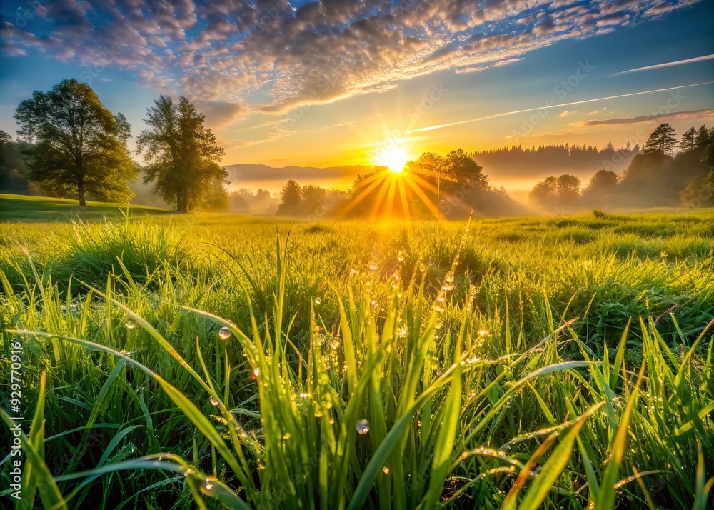 Serene morning scene unfolds as sun casts golden glow over lush green meadow, grass sparkles with morning dew glistening, nature awakens in tranquil beauty. Serene morning scene unfolds as sun casts golden glow over lush green meadow, grass sparkles with morning dew glistening, nature awakens in tranquil beauty.