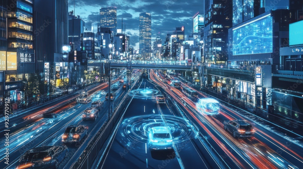 Autonomous Vehicle Navigating a Futuristic Cityscape at Night Autonomous Vehicle Navigating a Futuristic Cityscape at Night