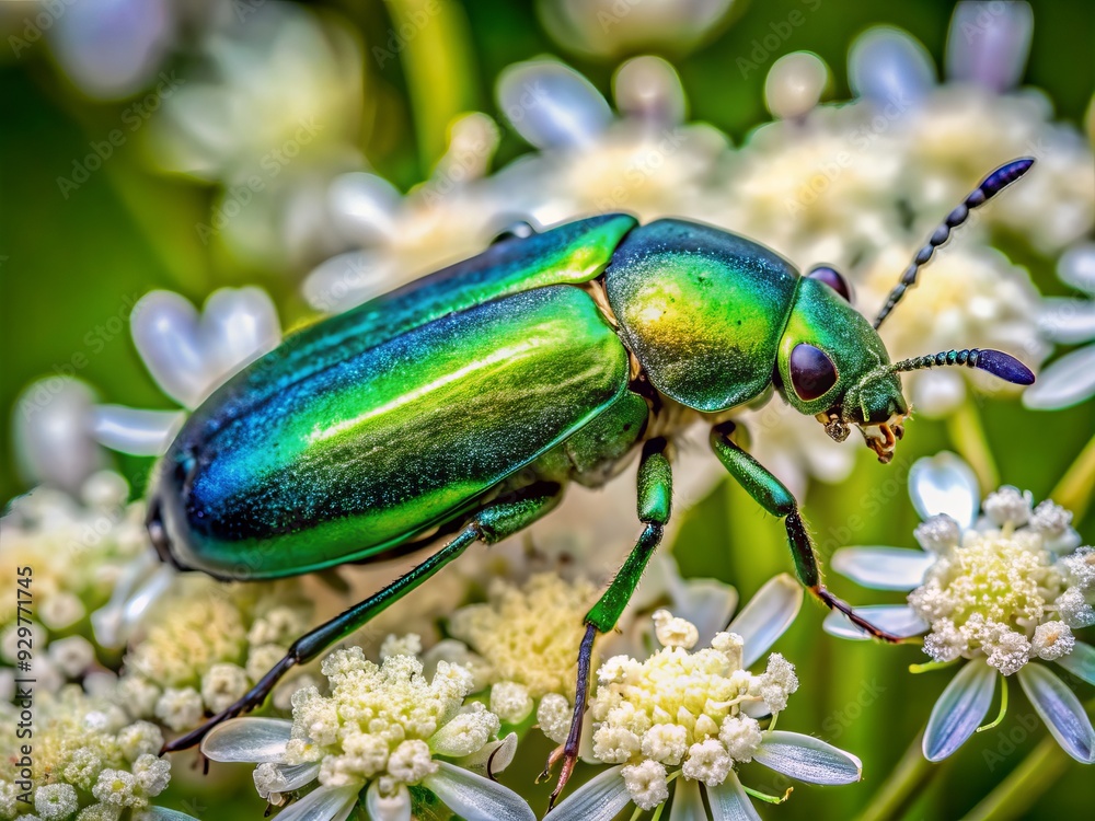 Fototapeta premium Vibrant green iridescent beetle with metallic blue accents perches on a delicate white flower, its intricate compound eyes and antennae showcasing nature's tiny marvel.