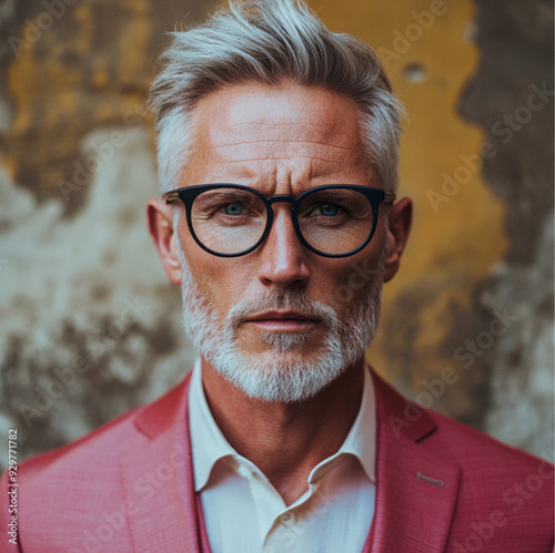 A 65-year-old man with an oval and elongated face, mature and well-groomed features, fair skin with light wrinkles visible, blue eyes, gray eyebrows, wearing rectangular dark-framed glasses photo