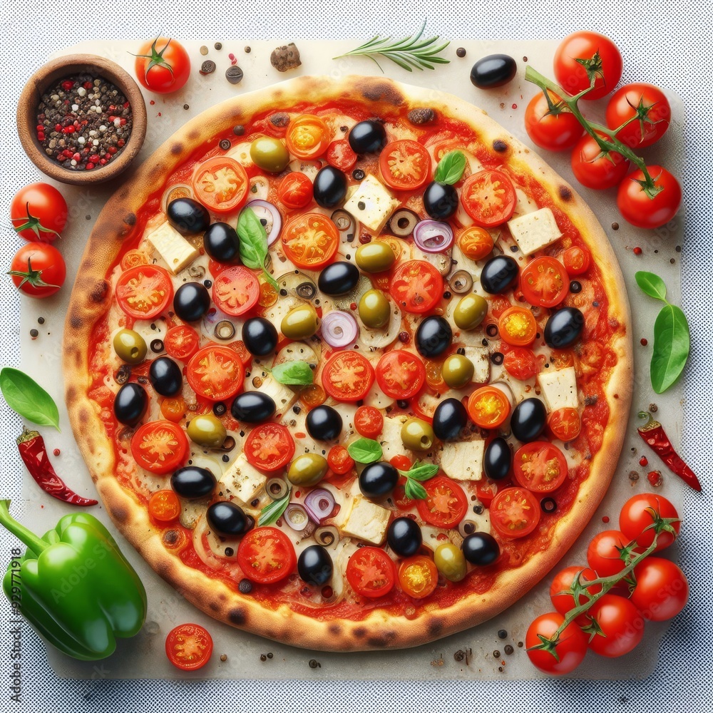 Vegan pizza with tomatoes and olives isolated on transparent background, top view
Vegan pizza with tomatoes and olives isolated on transparent background, top view