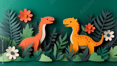 Adorable Papercraft Dinosaurs in a Lush Jungle Setting - Perfect for Kids' Decor