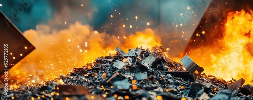 Industrial shredders processing metal scraps in a well-lit recycling plant, dynamic composition, sparks flying, recycling factory, metal recycling process