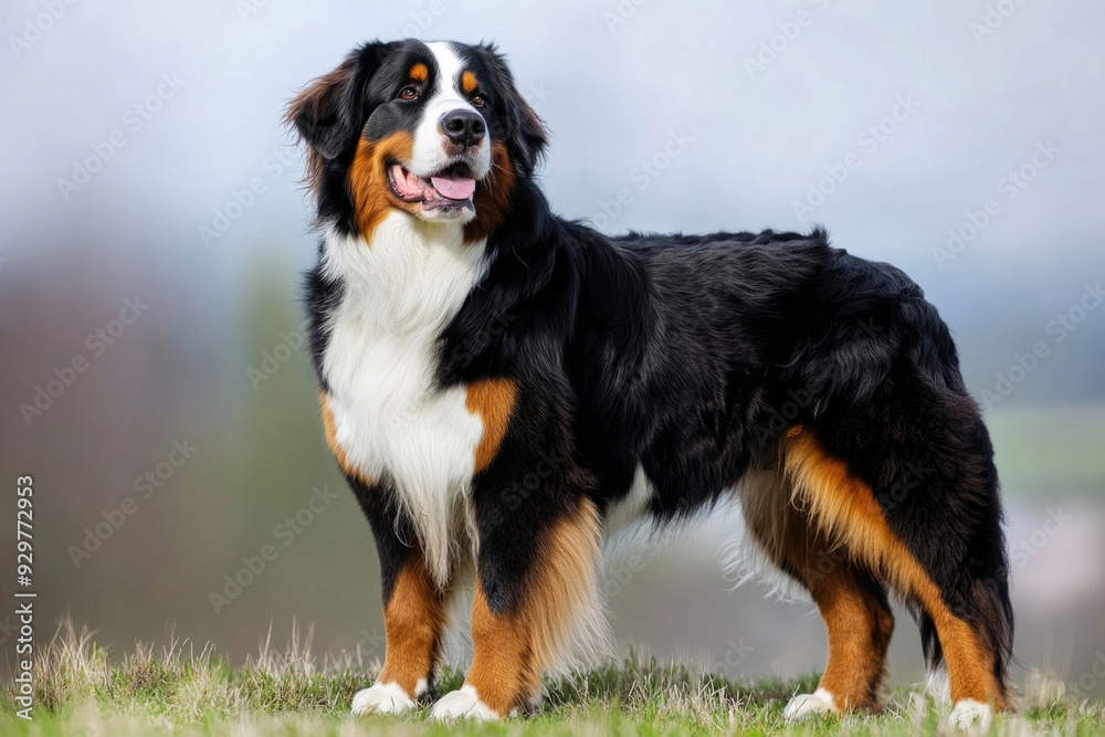 A majestic Bernese Mountain Dog standing tall, with its thick tri-colored fur, calm eyes, and friendly demeanor. A majestic Bernese Mountain Dog standing tall, with its thick tri-colored fur, calm eyes, and friendly demeanor.