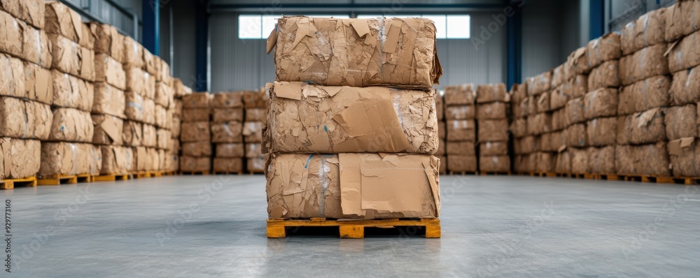 Obraz premium Warehouse filled with recycled paper bales prepared for recycling process, emphasizing efficient waste management and storage.