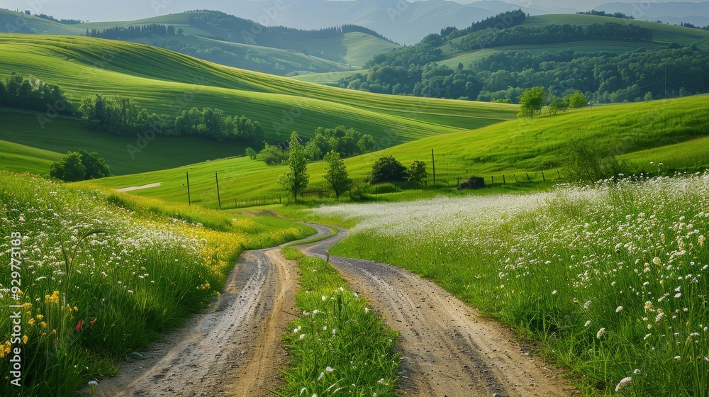 Design a farm road with a background of rolling hills covered in lush green grass and wildflowers Design a farm road with a background of rolling hills covered in lush green grass and wildflowers