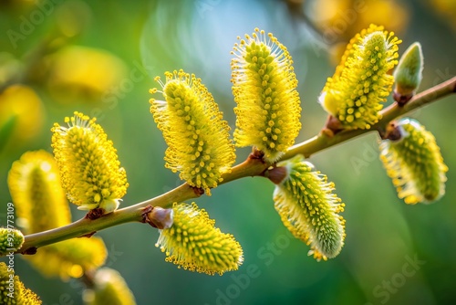 Macro shot of a delicate branch with catkins burdened with bright yellow pollen, softly focusing on the intricate details against a blurred green background.