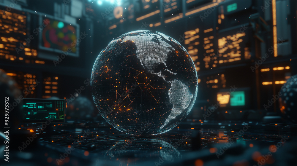 Futuristic Digital Globe with Data Visualization in a High-Tech Environment Futuristic Digital Globe with Data Visualization in a High-Tech Environment