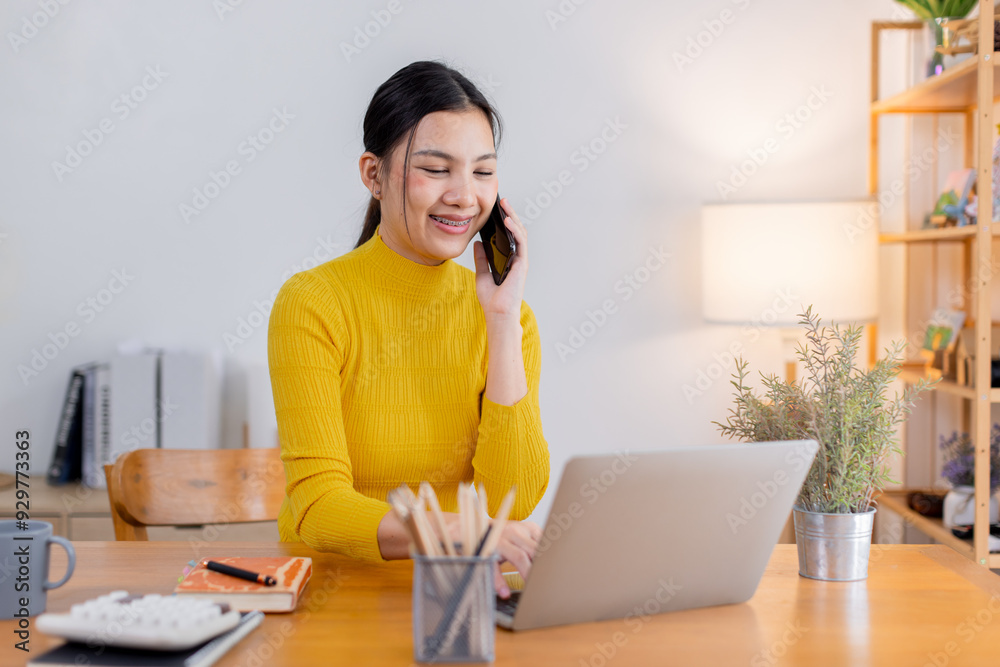 Woman, phone call and remote work with laptop, conversation and communication with technology. Female freelance employee talking, working from home with networking or telemarketing, sales and telecom Woman, phone call and remote work with laptop, conversation and communication with technology. Female freelance employee talking, working from home with networking or telemarketing, sales and telecom
