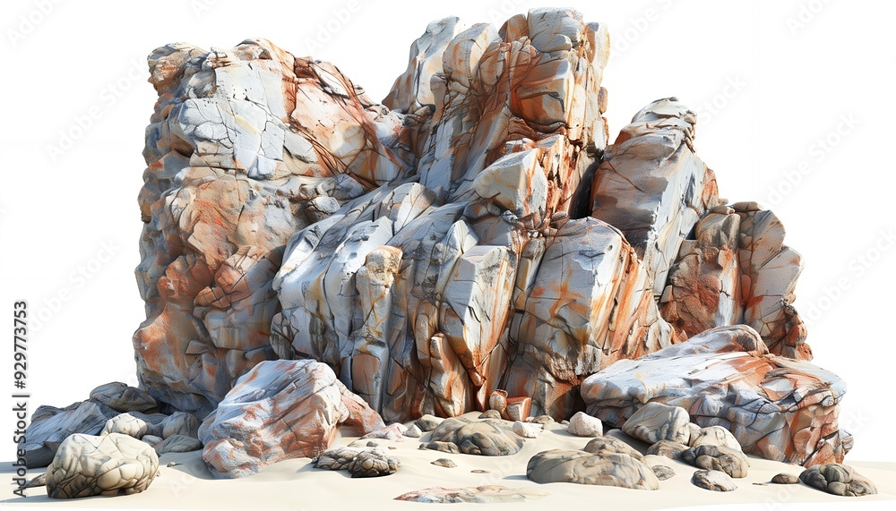 Isolated rocky cliff with a sandy base and white background. Isolated rocky cliff with a sandy base and white background.