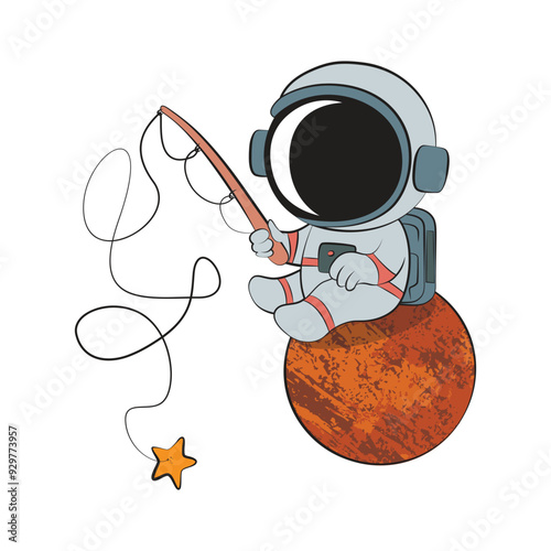 Cute astronaut fishing in space catching stars with fishing rod. Vector illustration for tshirt, website, clip art, poster and print on demand merchandise.