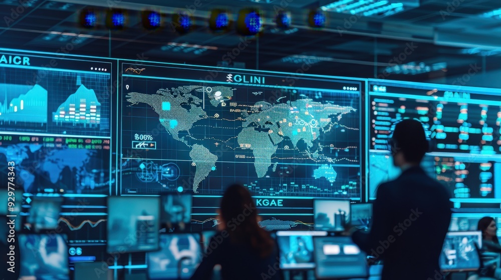 Design a global business concept with a high-tech control center featuring real-time financial data and international currency symbols. Design a global business concept with a high-tech control center featuring real-time financial data and international currency symbols.