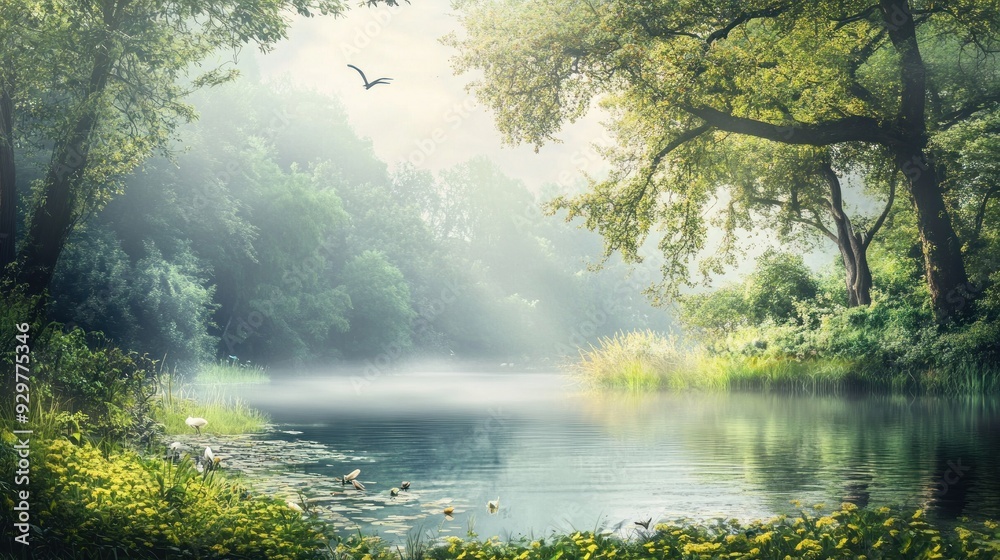 Fototapeta premium Tranquil River Scene With Misty Forest And Bird In Flight
