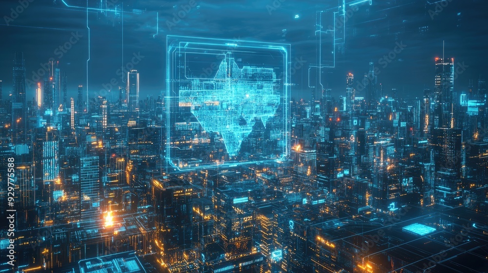 Cyberpunk Cityscape with Holographic Map Cyberpunk Cityscape with Holographic Map