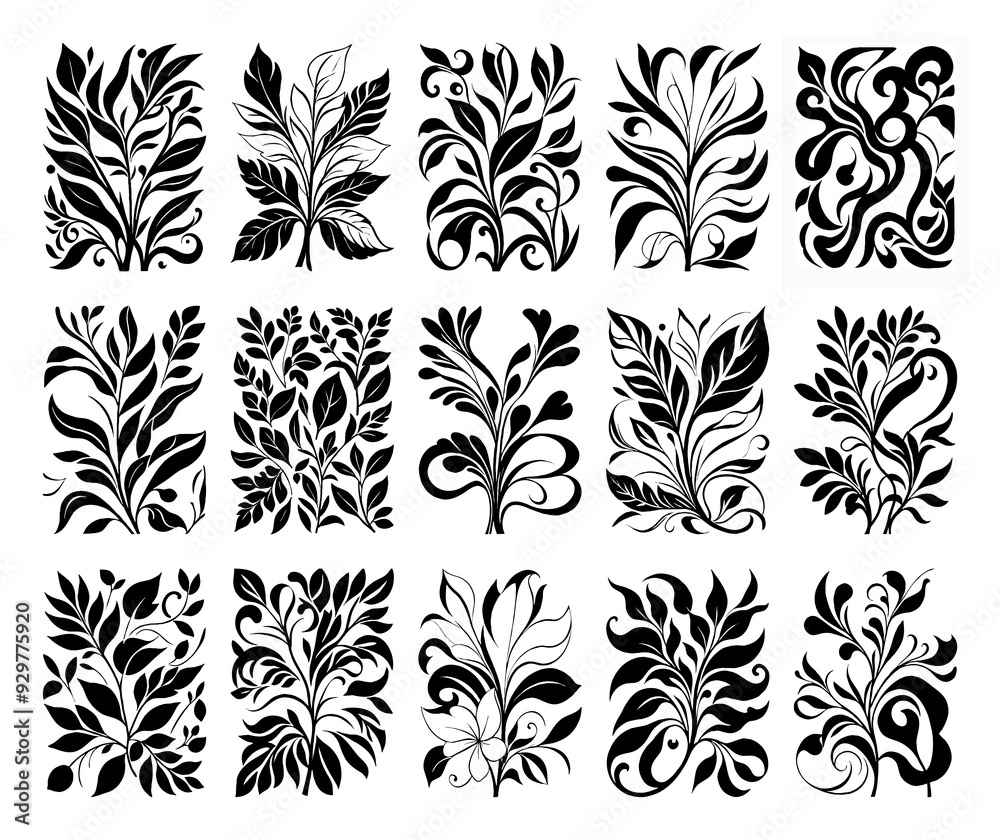 Black and white botanical pattern. For use in graphics, materials. Abstract plant shapes. Minimalist illustration for printing on wall decorations. Black and white botanical pattern. For use in graphics, materials. Abstract plant shapes. Minimalist illustration for printing on wall decorations.