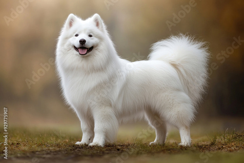 A fluffy Samoyed dog standing tall, showcasing its white fur, friendly smile, and playful stance.