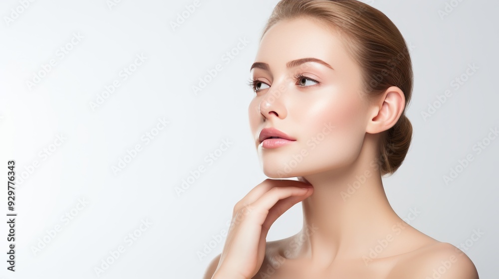 European woman showing cheek filler treatment and enhancing cheekbone lift concept European woman showing cheek filler treatment and enhancing cheekbone lift concept