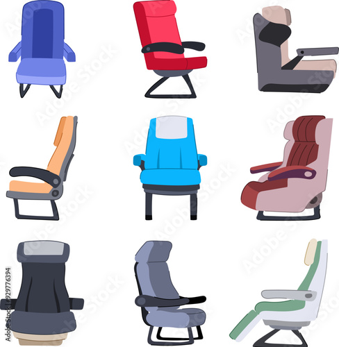 seat airplane set cartoon. legroom window, middle recline, cushion tray seat airplane sign. isolated symbol vector illustration