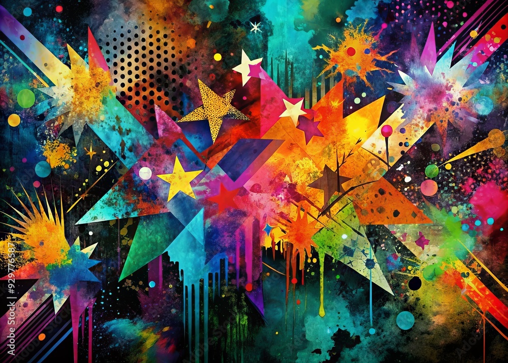 Obraz premium Vibrant abstract grunge illustration featuring distressed shapes, splattered paint, and torn paper textures, blended with bold brushstrokes and geometric patterns in dark background.