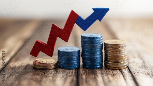 Red Upward arrow on money coin stack as growth graph steps in home shape symbol,Savings, income, home investment, real estate price value, property profit concepts,the rising price of real estate.