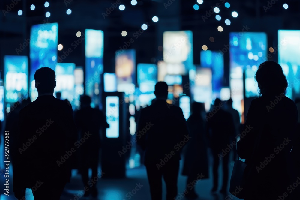 Naklejka premium Vibrant crowd at a business expo, with blurred movement and copy space emphasizing the dynamic environment.