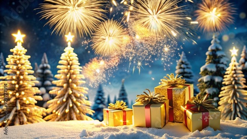 Festive winter scene with beautifully wrapped gifts surrounded by snow-covered trees under a sky filled with golden fireworks. The vibrant display and glowing presents create a joyful and celebratory 