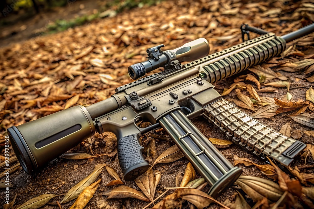 Obraz premium A highly detailed shot of a rifle lying on the ground, showcasing intricate design and textures, perfect for military, hunting, or law enforcement-related projects.