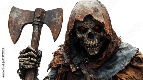 Skeleton executioner with a rusted axe, Halloween-themed mask, intricate textures, haunting atmosphere, isolated on white background
