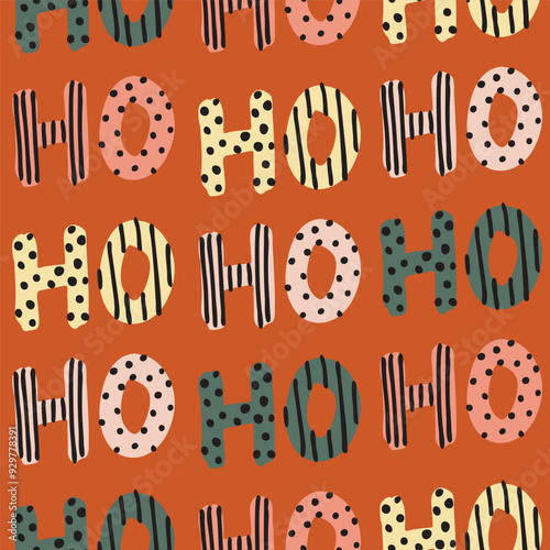 HoHoHo lettering giving a Christmas vibe in yellow, green, pink and off white, with black dots and stripes, on orange background. Great for homedecor,fabric, wallpaper,giftwrap,stationery,











