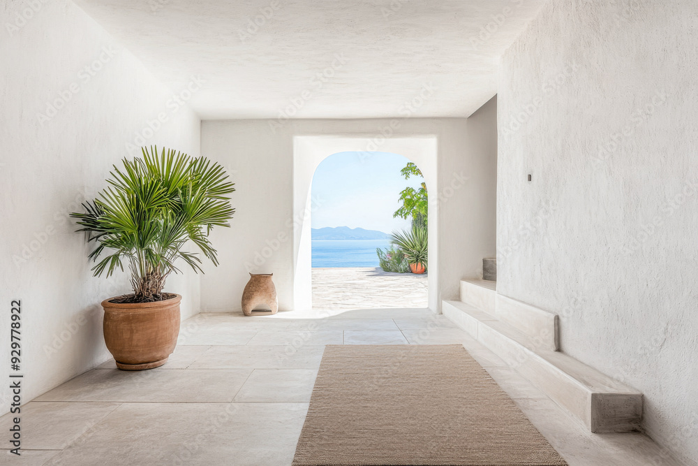 Bright Mediterranean interior with ocean view Bright Mediterranean interior with ocean view