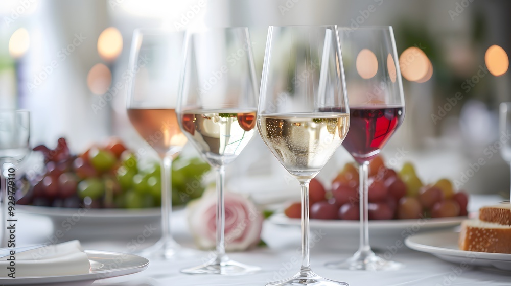 Ensemble of wine glasses in a fine dining setting, showcasing the diversity of white, rose, and red wines paired with gourmet cuisine Ensemble of wine glasses in a fine dining setting, showcasing the diversity of white, rose, and red wines paired with gourmet cuisine