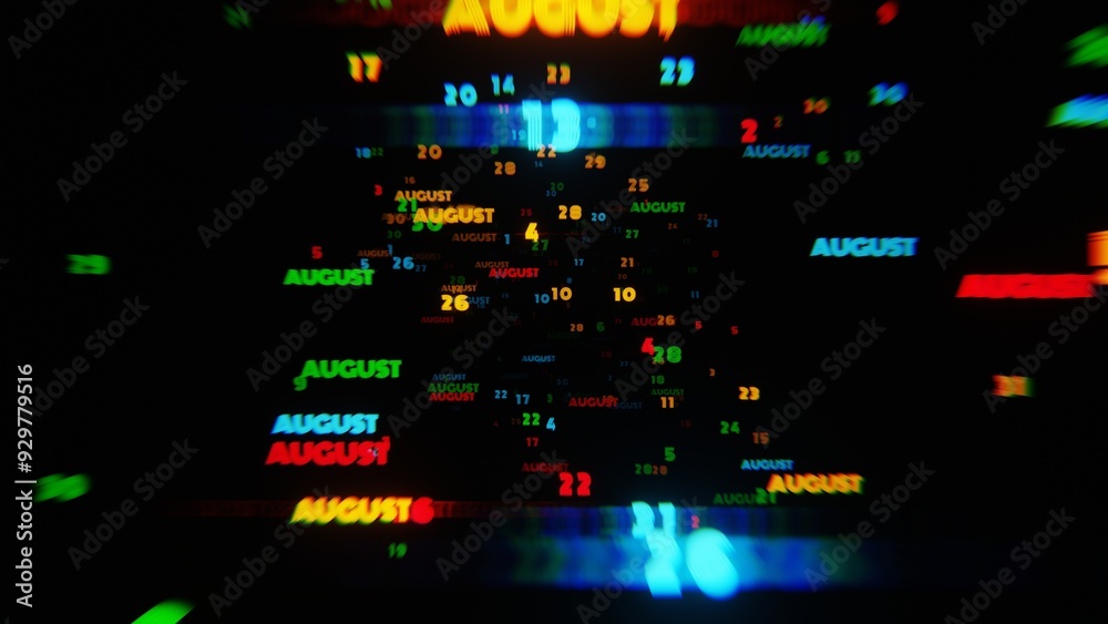 AUGUST Calendar Dates in Vibrant Neon Colors on Dark Background AUGUST Calendar Dates in Vibrant Neon Colors on Dark Background