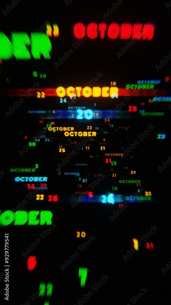Abstract digital art with glowing text representing the month of October in striking neon colors on a dark background Abstract digital art with glowing text representing the month of October in striking neon colors on a dark background