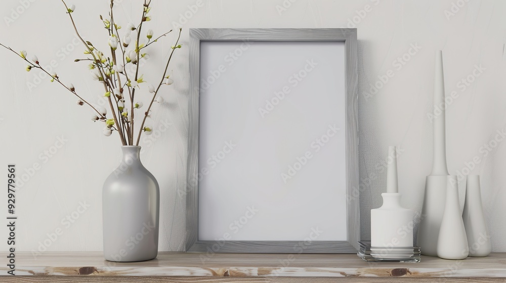 Fototapeta premium Empty White Frame with pink and white flowers Mock up