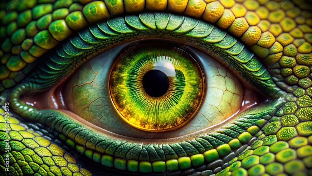 Obraz premium Vibrant green scaly eyelid partially closed, revealing a piercing yellow iris with a black vertical pupil, surrounded by intricate patterns and textures.