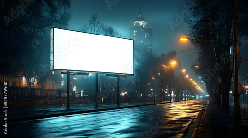 A blank billboard on a rainy street at night, illuminated by streetlights.